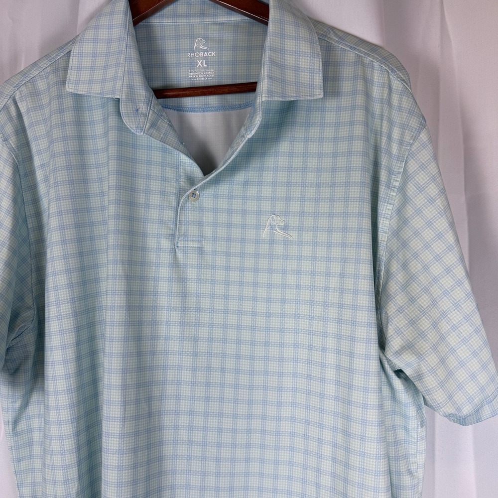 Rhoback Mens XL Performance Polo Shirt Blue White Plaid Short Sleeve Golf Top